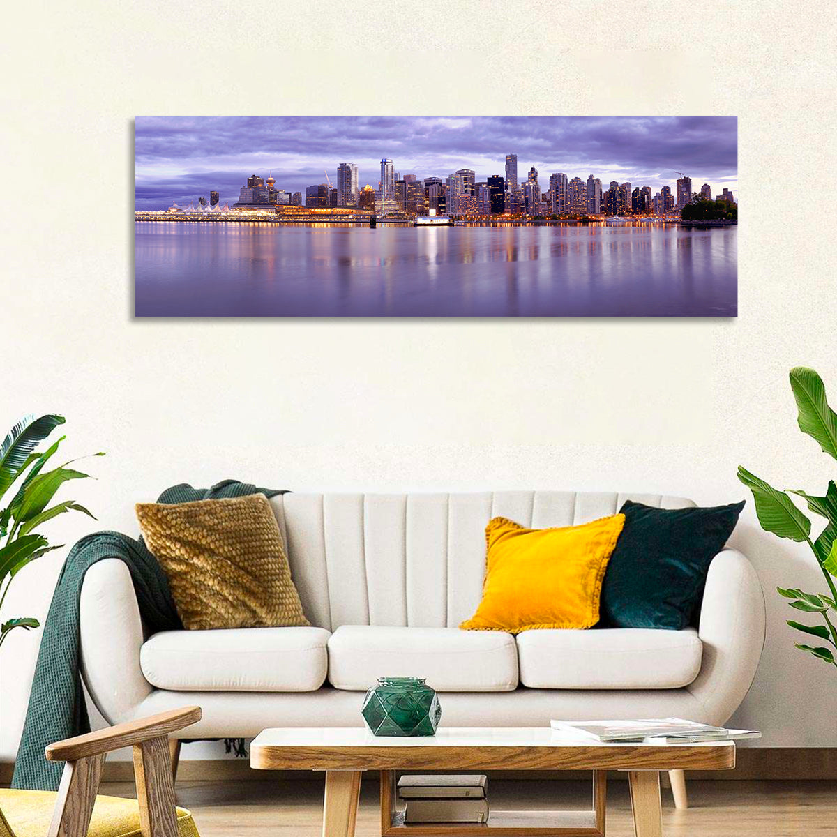Vancouver Skyline at Twilight Wall Art in a room, panoramic