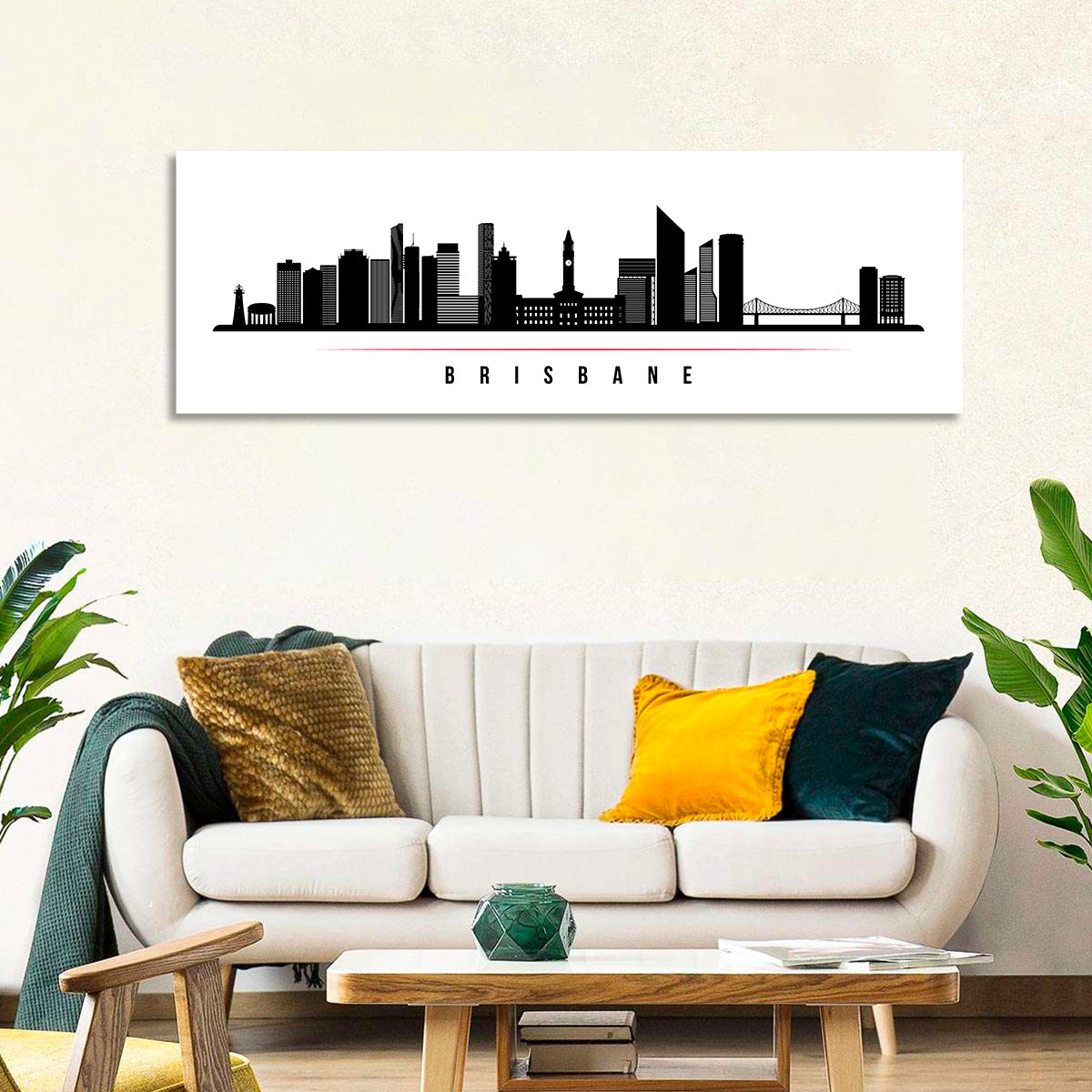 Brisbane City Skyline Wall Art in a room, panoramic