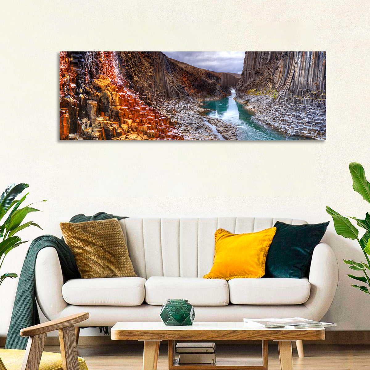 Studlagil Canyon Basalt Columns Wall Art in a room, panoramic