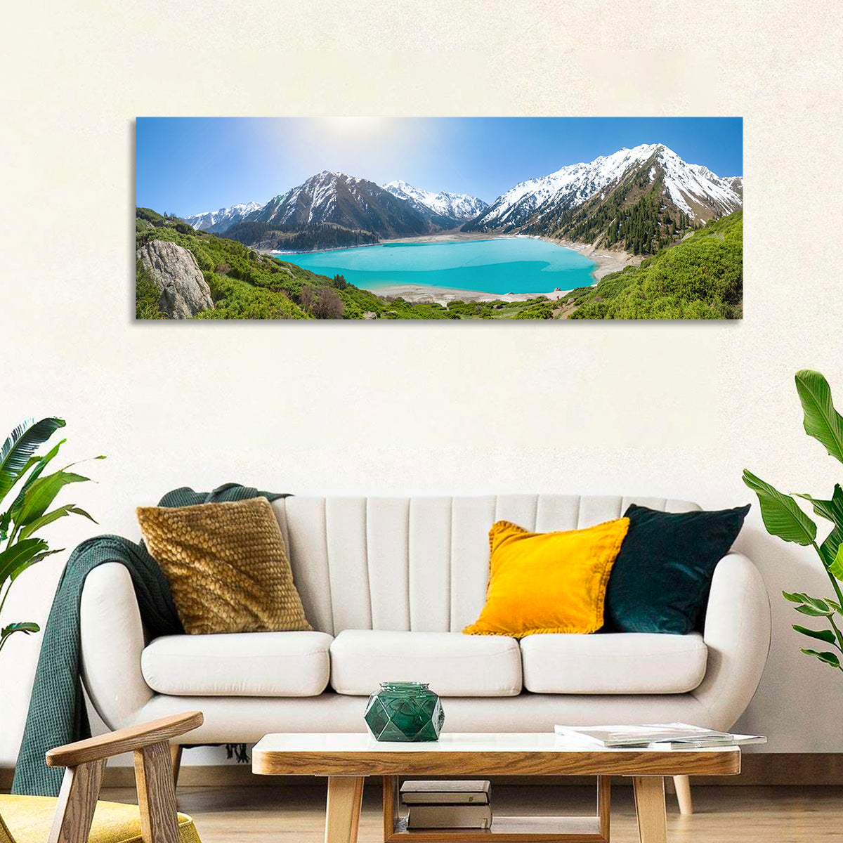 Big Almaty Lake Vista Wall Art in a room, panoramic
