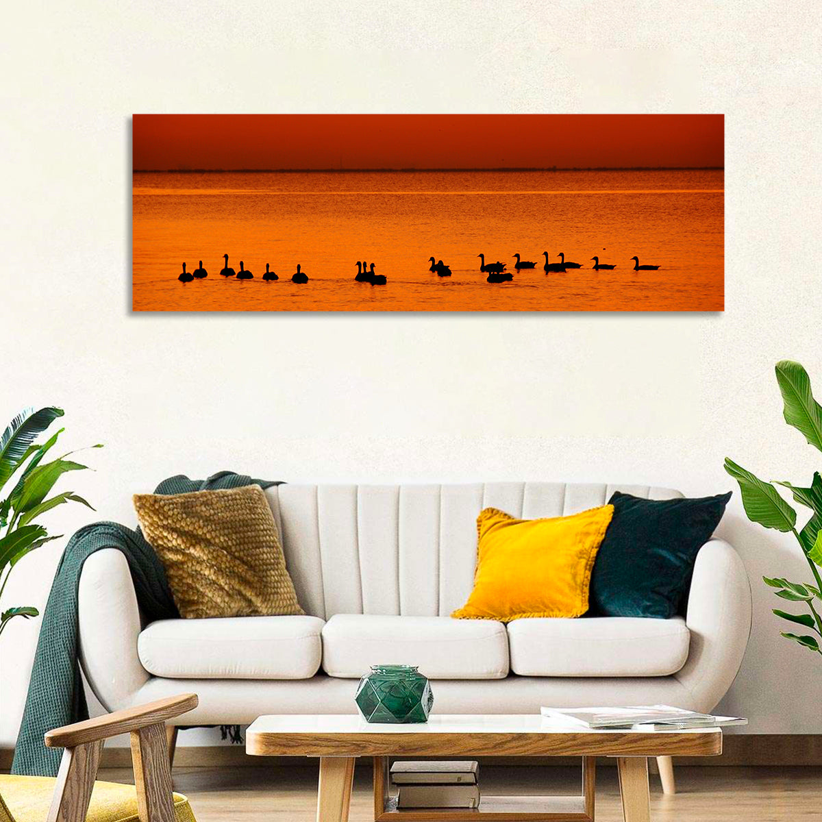 Geese Silhouettes at Orange Sunset Wall Art