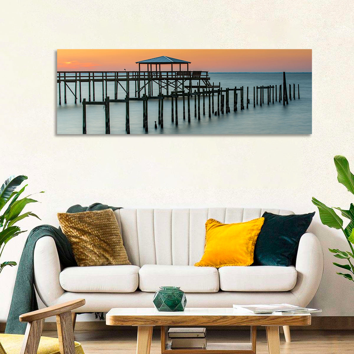 Fairhope Pier at Sunset Wall Art in a room, panoramic