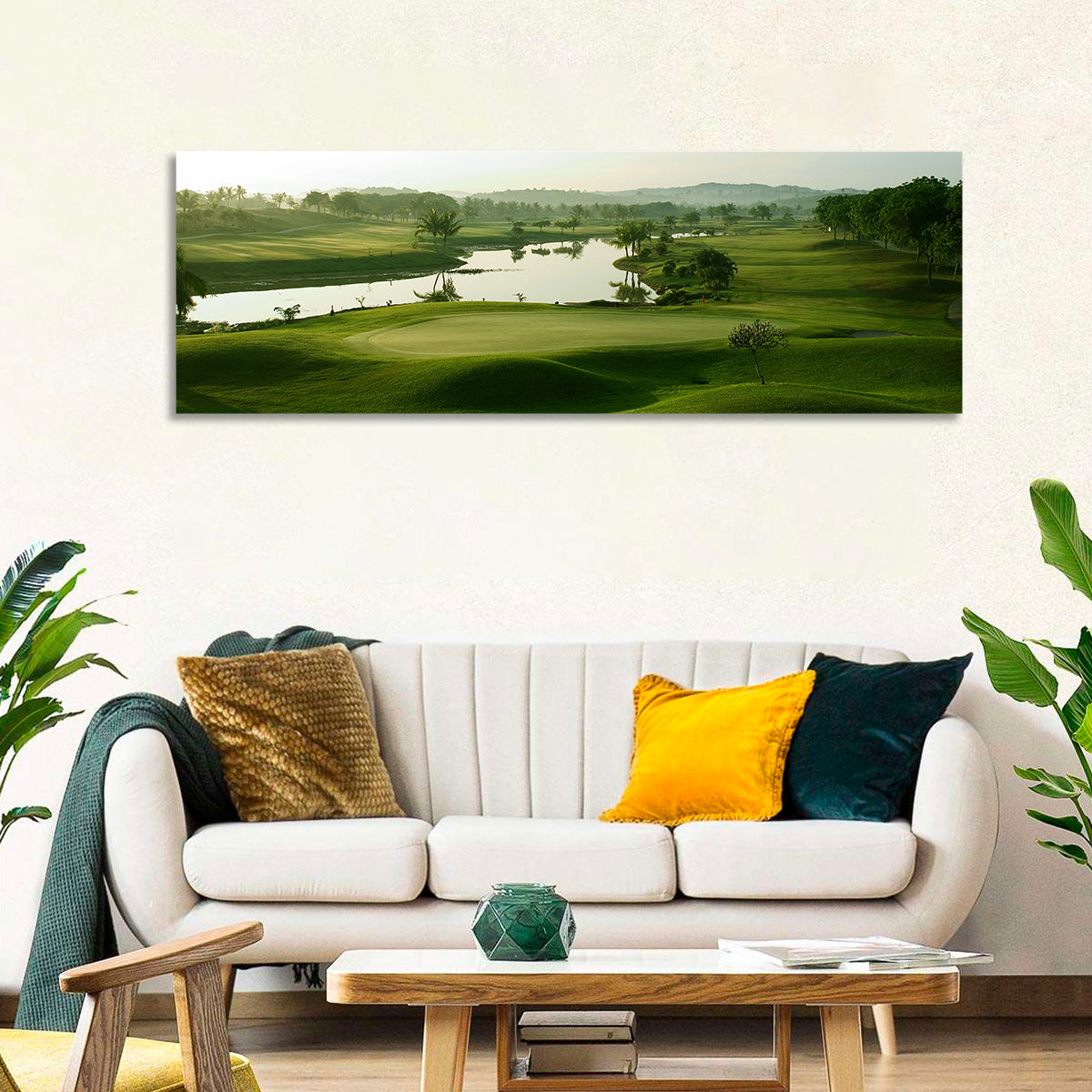 Golden Hour Putting Green by the Lake Wall Art in a room, panoramic
