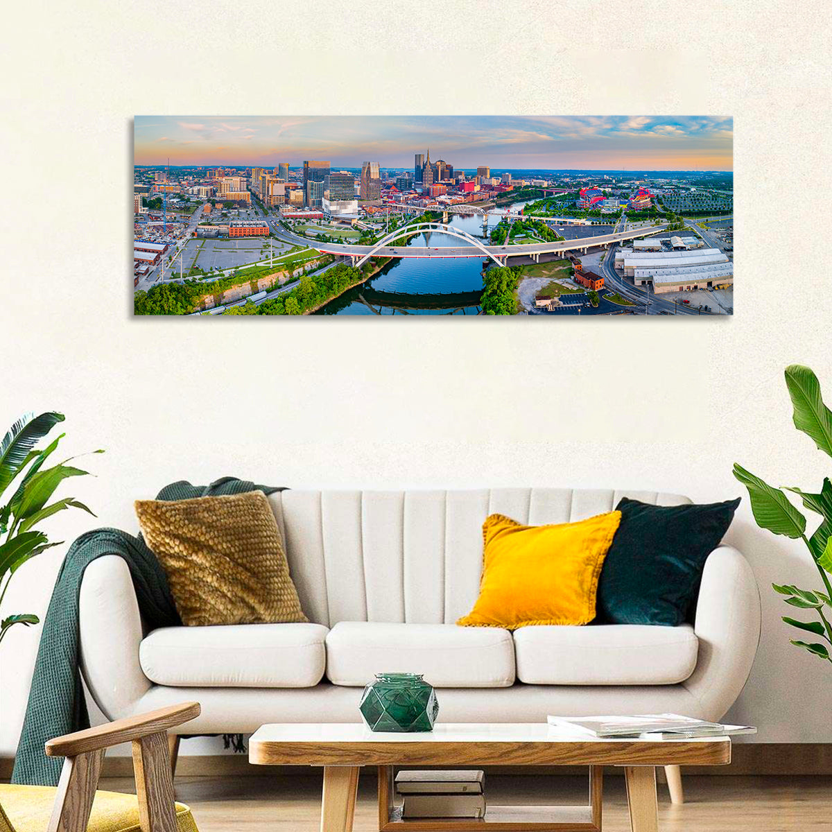 Nashville Skyline at Golden Hour Wall Art in a room, panoramic