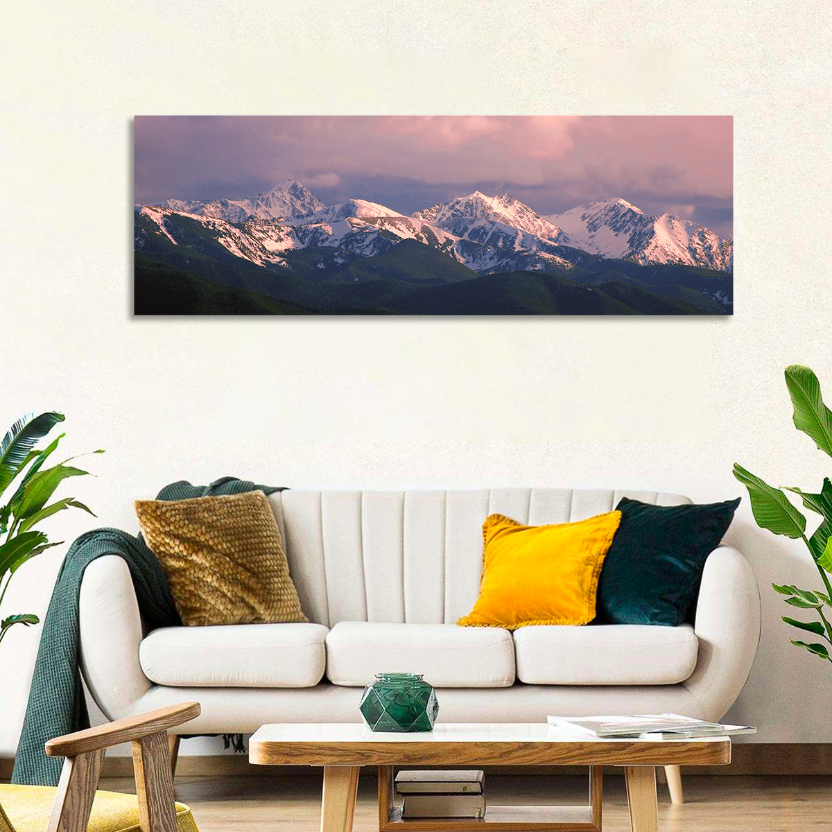 Spanish Peaks Alpenglow Montana Wall Art in a room, panoramic
