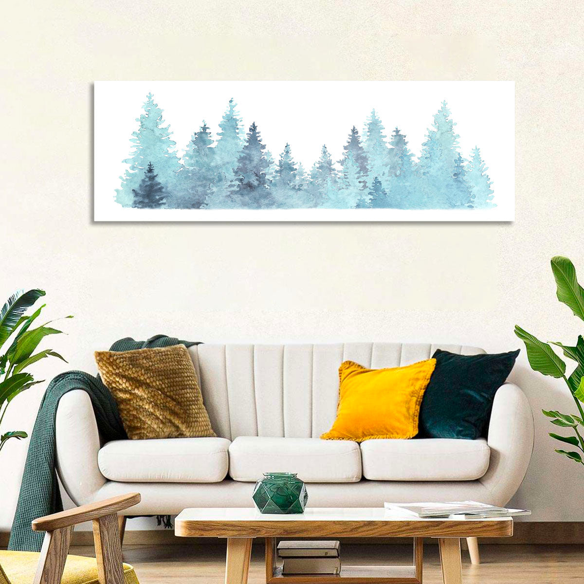 Watercolor Pine Trees Wall Art in a room, panoramic