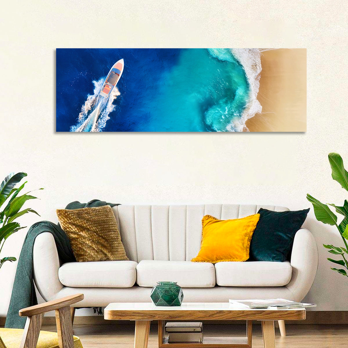 Speed Boat Over Turquoise Beach Wall Art