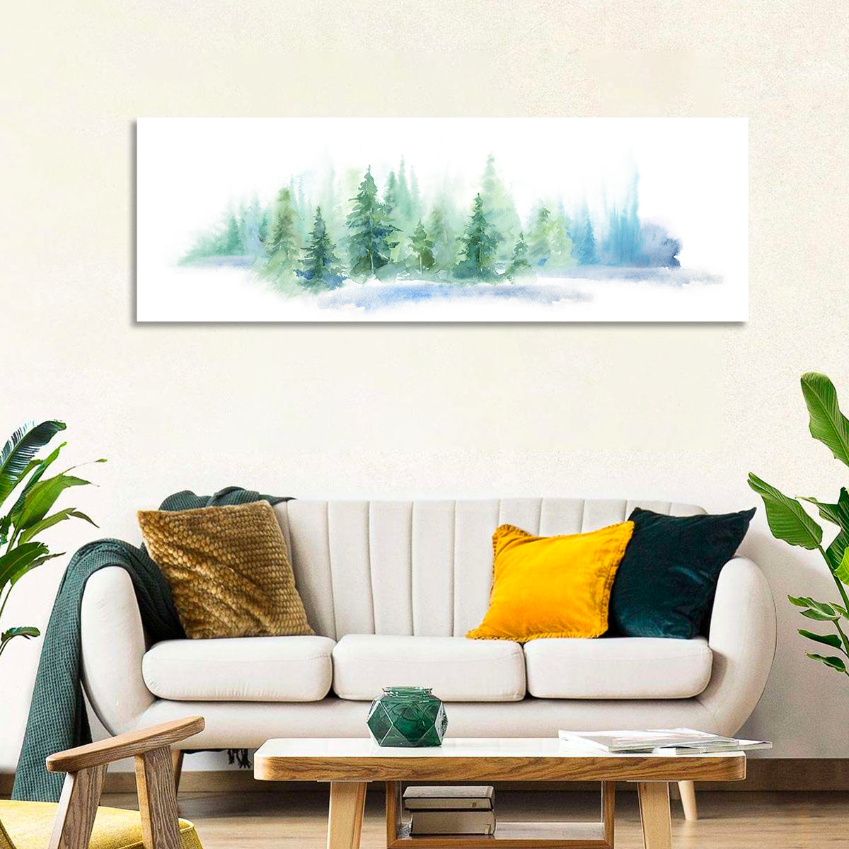 Misty Pine Forest Watercolor Wall Art in a room, panoramic