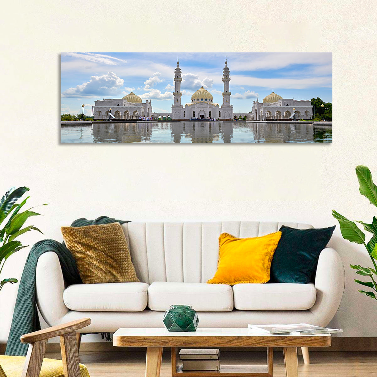 Bolgar White Mosque Reflection Wall Art in a room, panoramic