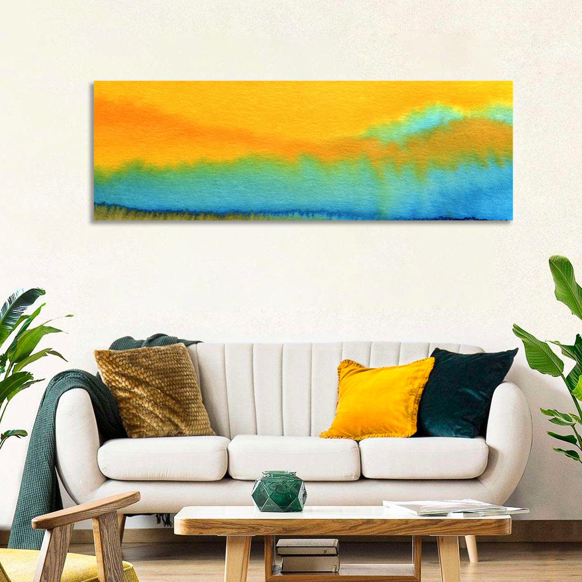 Sunset Horizon Watercolor Wall Art in a room, panoramic