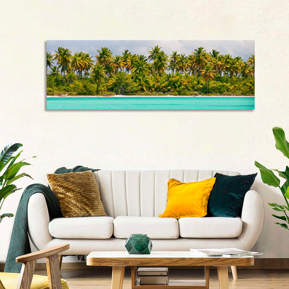 Turquoise Lagoon Palm Tree Beach Wall Art in a room, panoramic