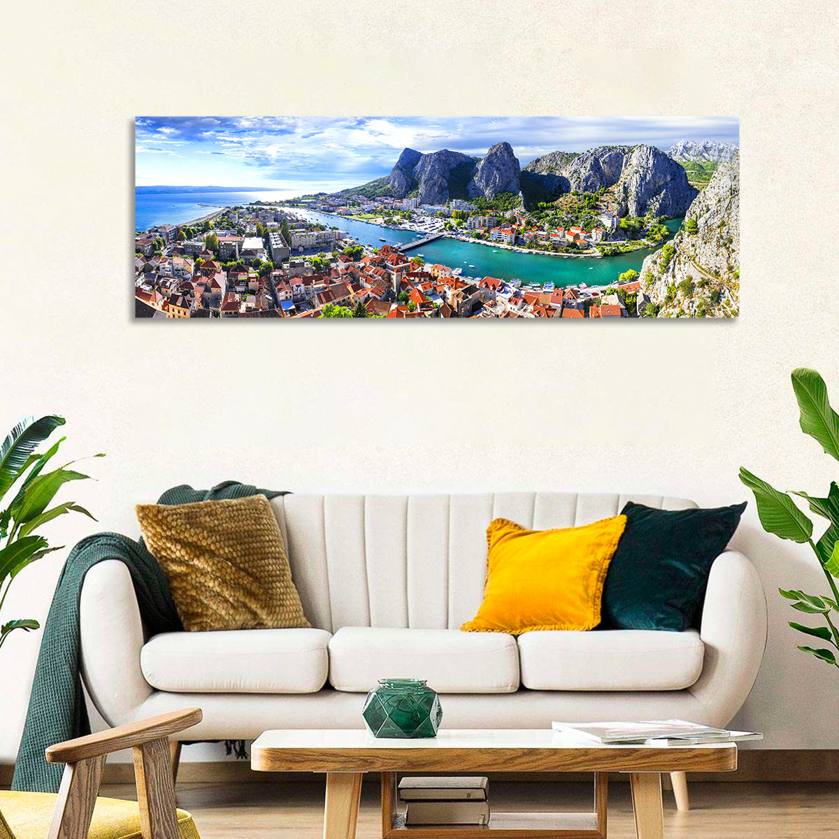 Omiš Cetina River Mouth Canyon View Wall Art in a room, panoramic