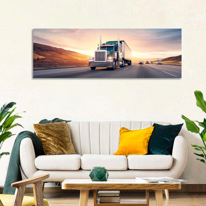 Semi Truck Highway Sunset Wall Art