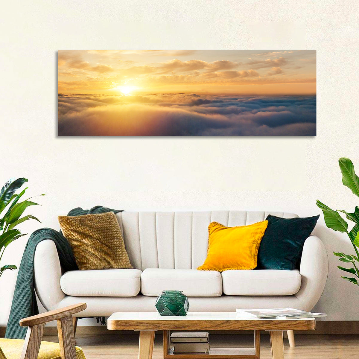 Layered Clouds at Sunset Wall Art in a room, panoramic