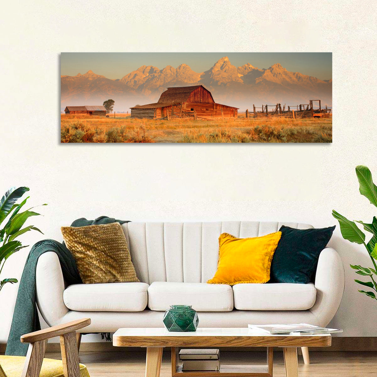 Moulton Barn, Grand Teton Wall Art in a room, panoramic