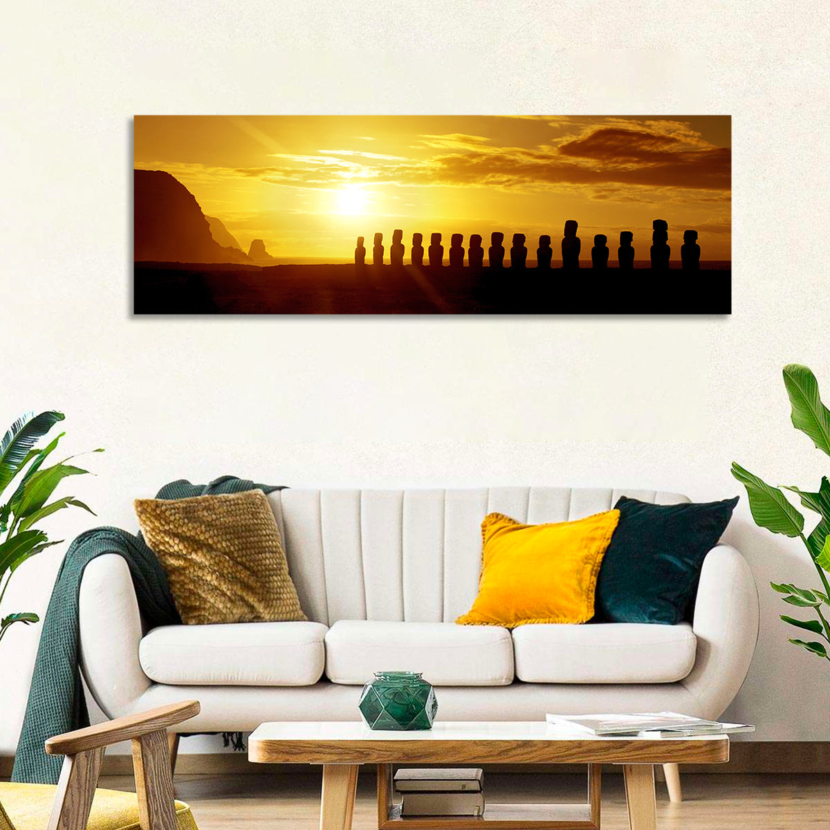 Easter Island Moai at Sunset Wall Art in a room, panoramic