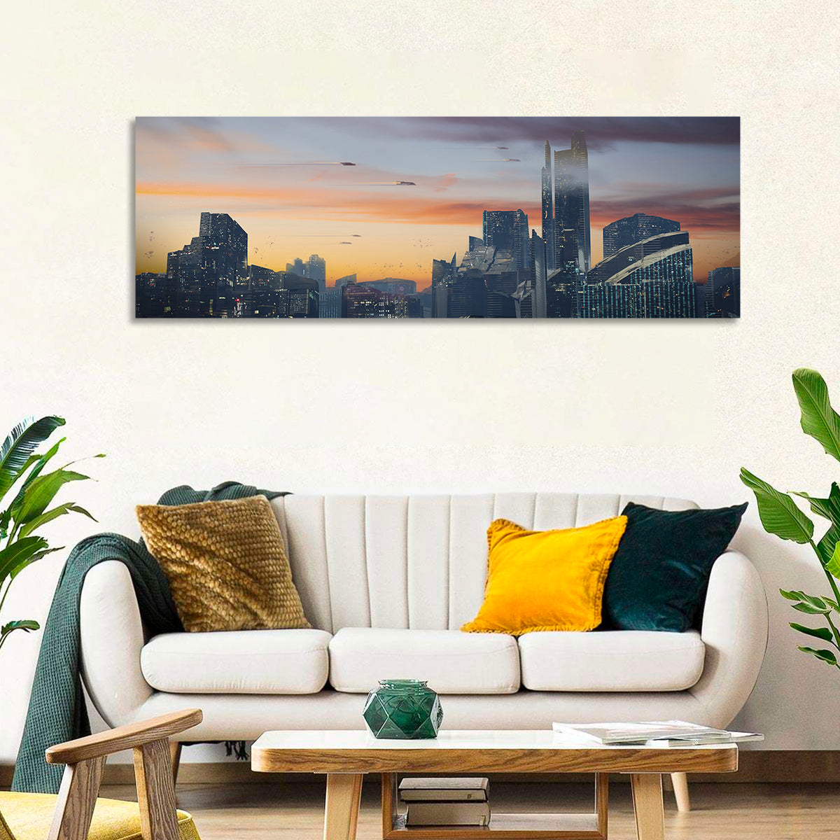 Futuristic City Skyline at Dusk Wall Art in a room, panoramic