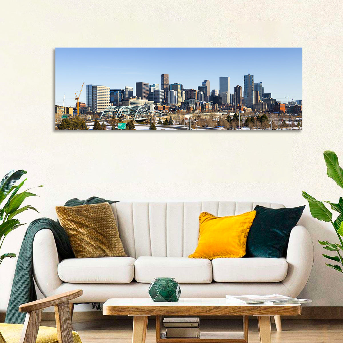 Denver Skyline with Speer Boulevard Bridge Wall Art in a room, panoramic