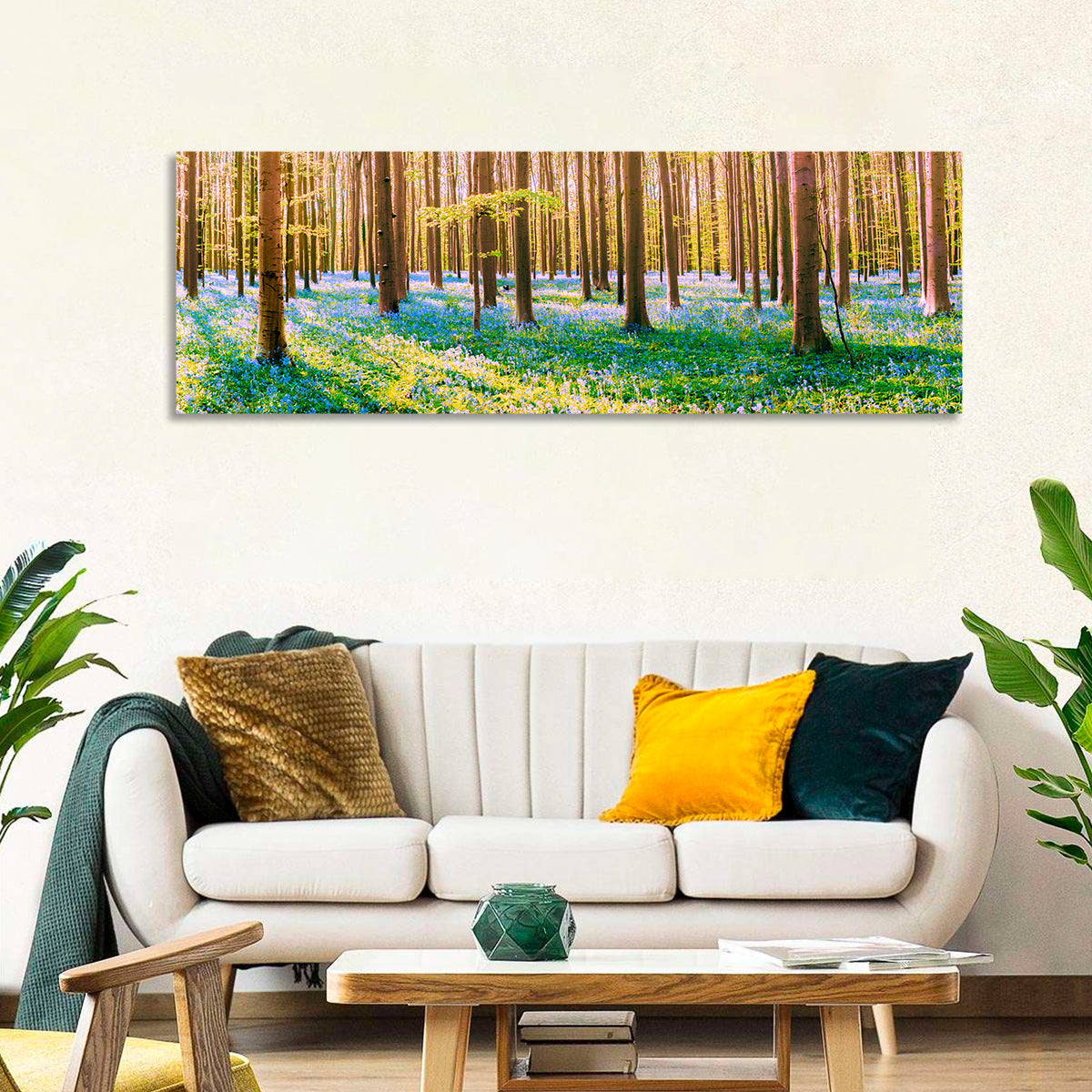 Hallerbos Bluebell Forest Wall Art in a room, panoramic
