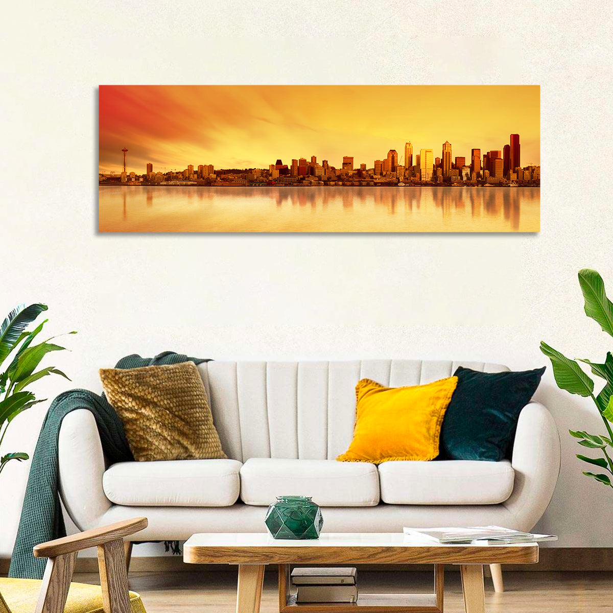 Seattle Skyline in Golden Hour Wall Art in a room, panoramic