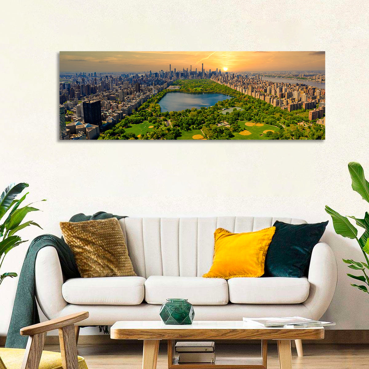 Central Park Reservoir at Dusk Wall Art in a room, panoramic