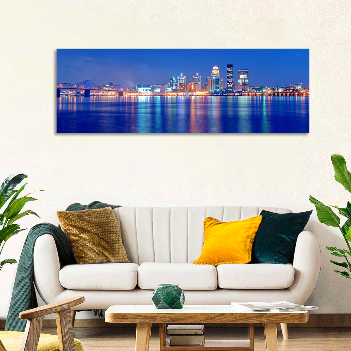 Louisville Skyline at Dusk Wall Art in a room, panoramic