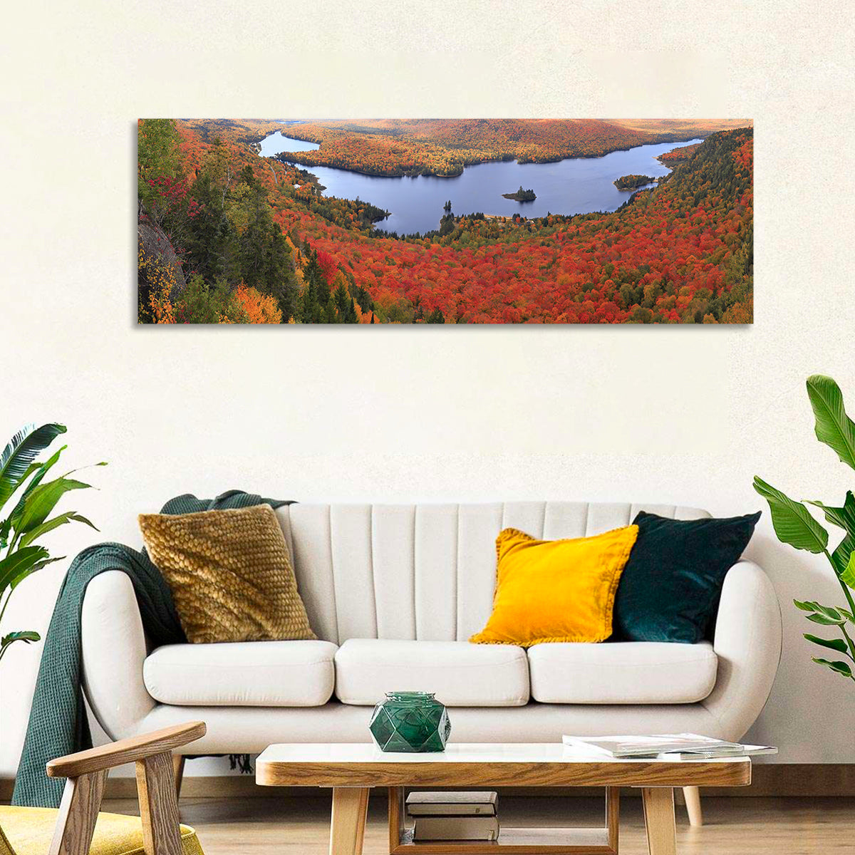 Lake Monroe Autumn Vista Wall Art in a room, panoramic