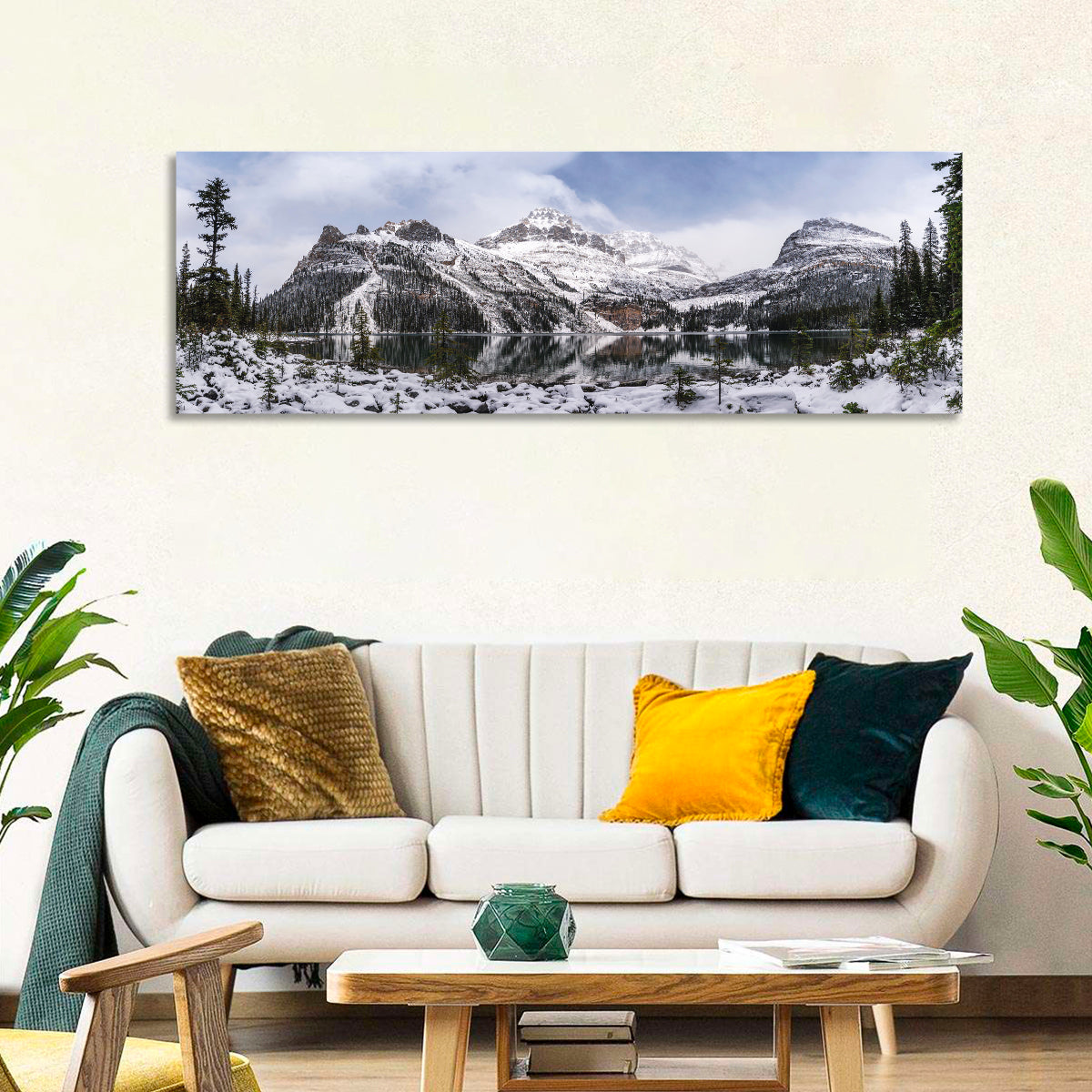 Lake O Hara Winter Reflection Wall Art in a room, panoramic