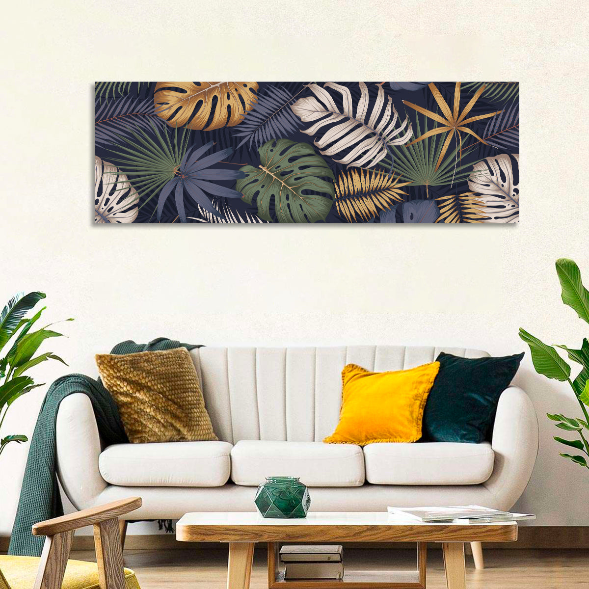 Layered Tropical Leaves Pattern Wall Art in a room, panoramic