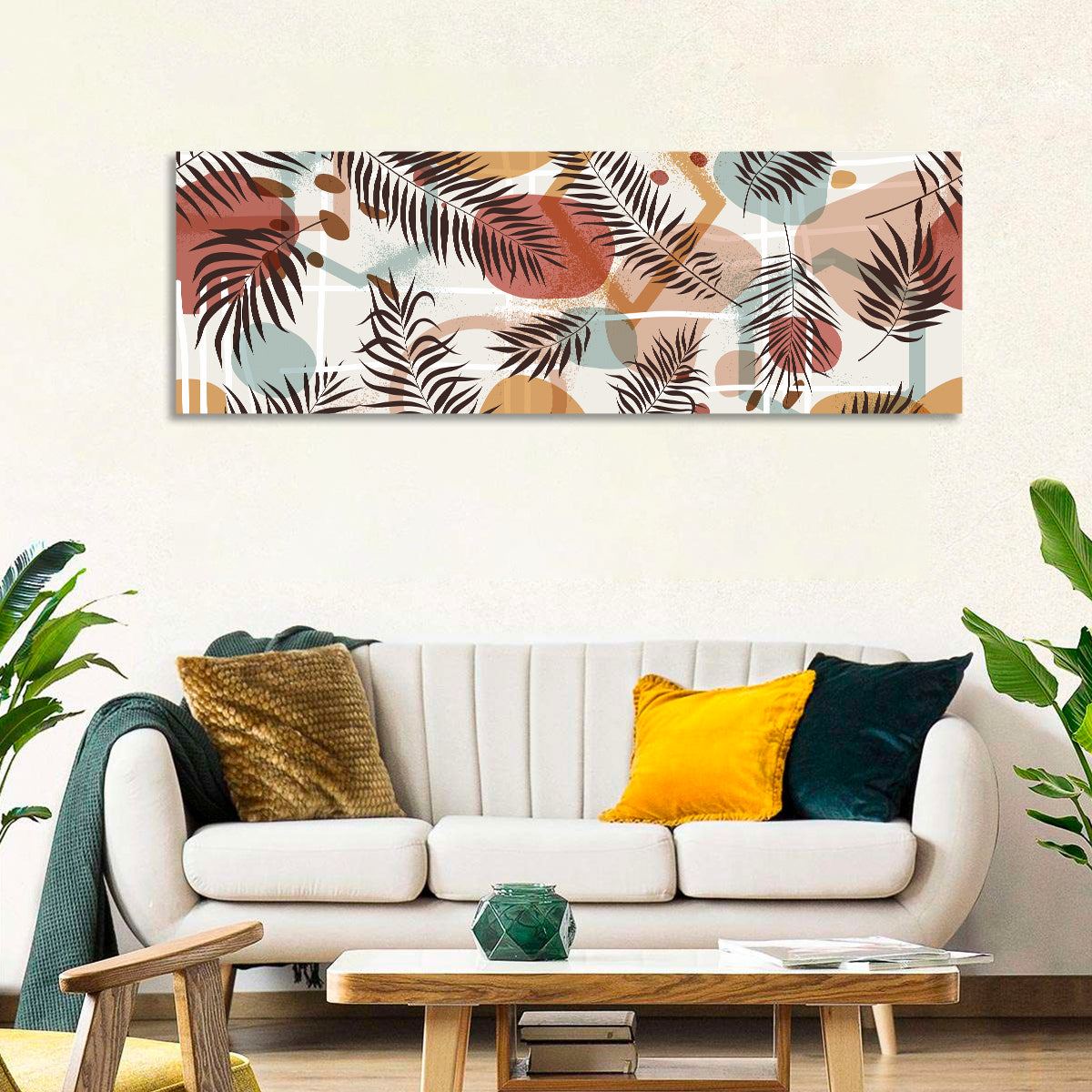 Geometric Tropical Leaves Wall Art in a room, panoramic