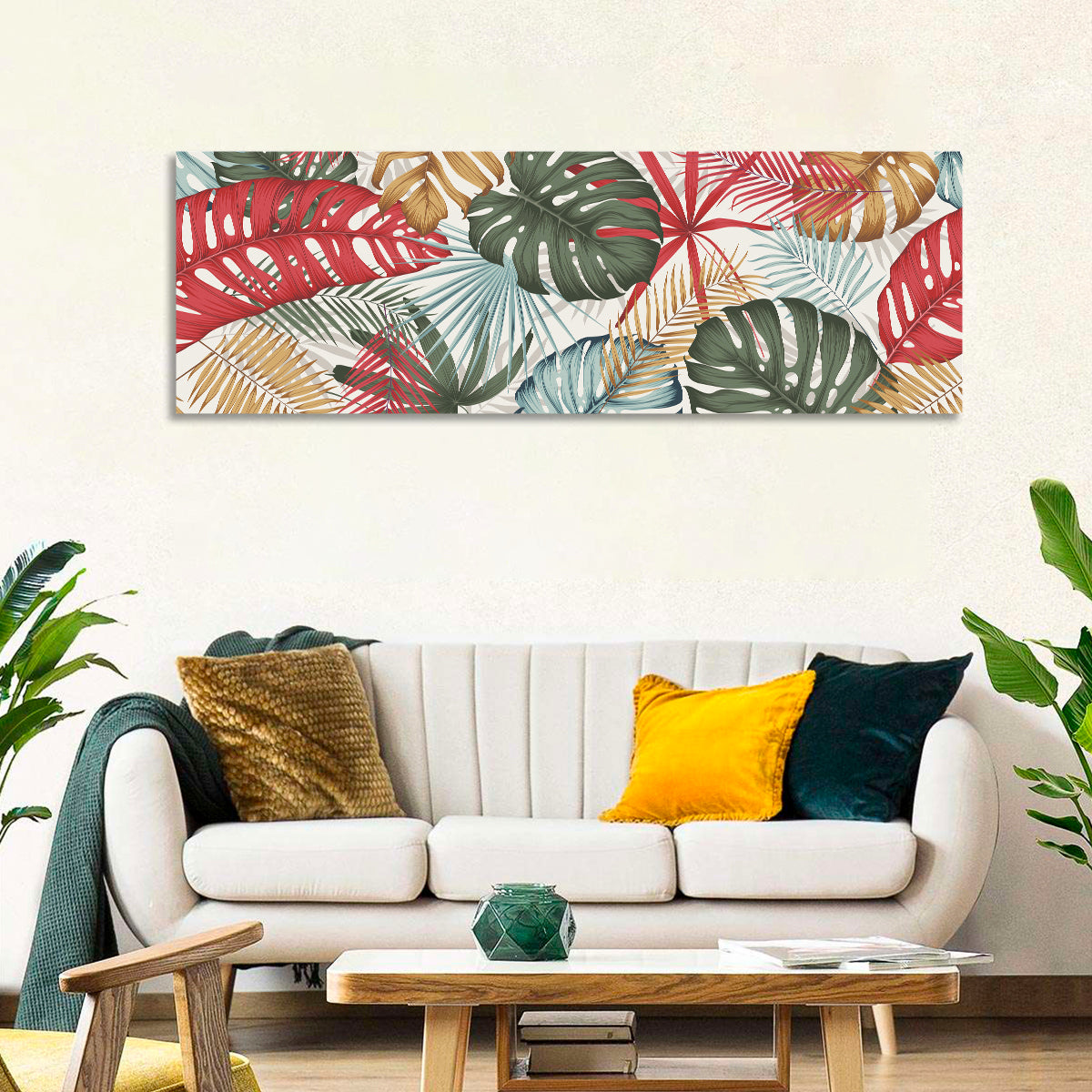 Red and Green Tropical Leaves Pattern Wall Art in a room, panoramic