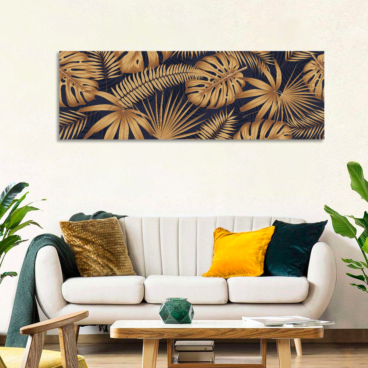Golden Tropical Leaves Wall Art in a room, panoramic