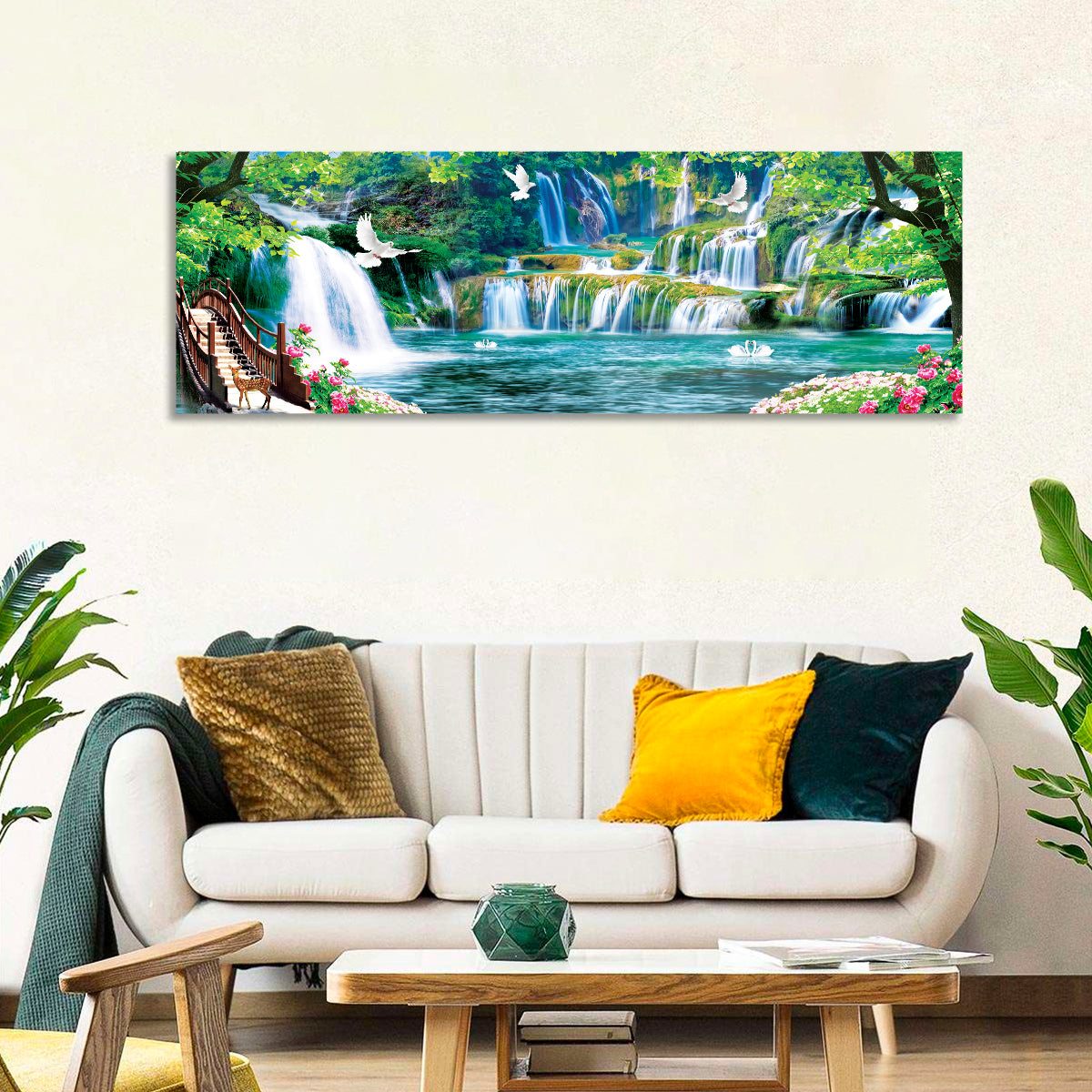 Heavenly Waterfall Scene Wall Art in a room, panoramic