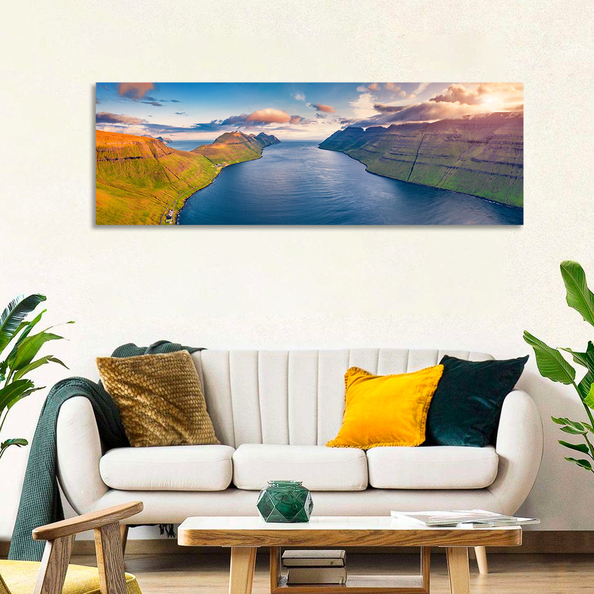 Kalsoy Island Golden Hour Wall Art in a room, panoramic