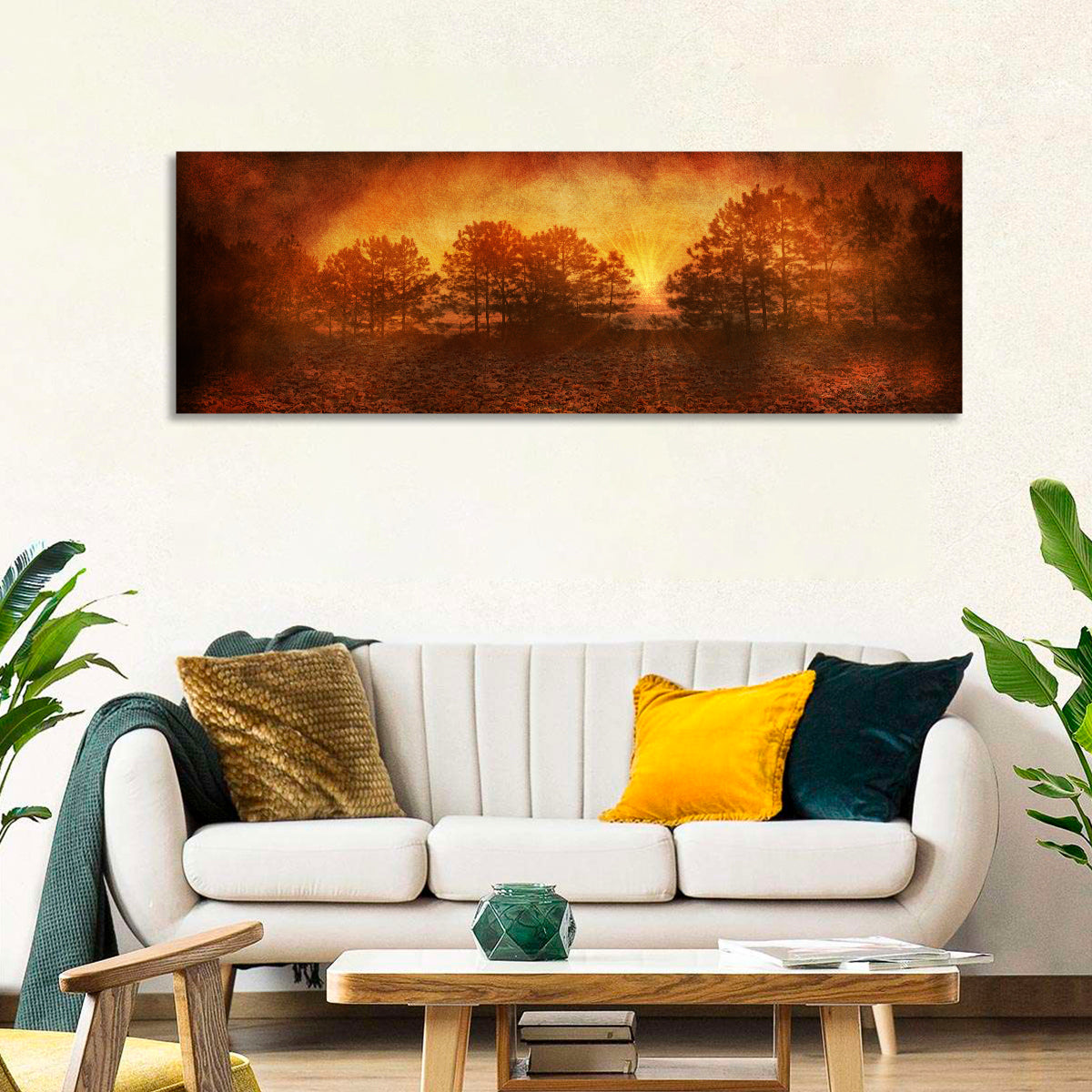 Autumn Forest Sunset Wall Art in a room, panoramic