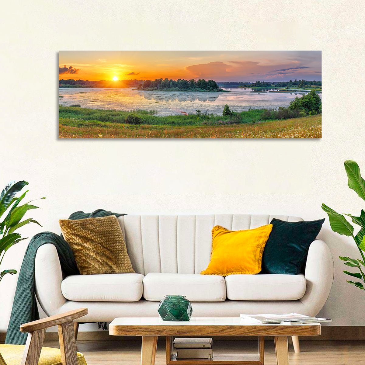 Sunset Over Lake Wall Art in a room, panoramic