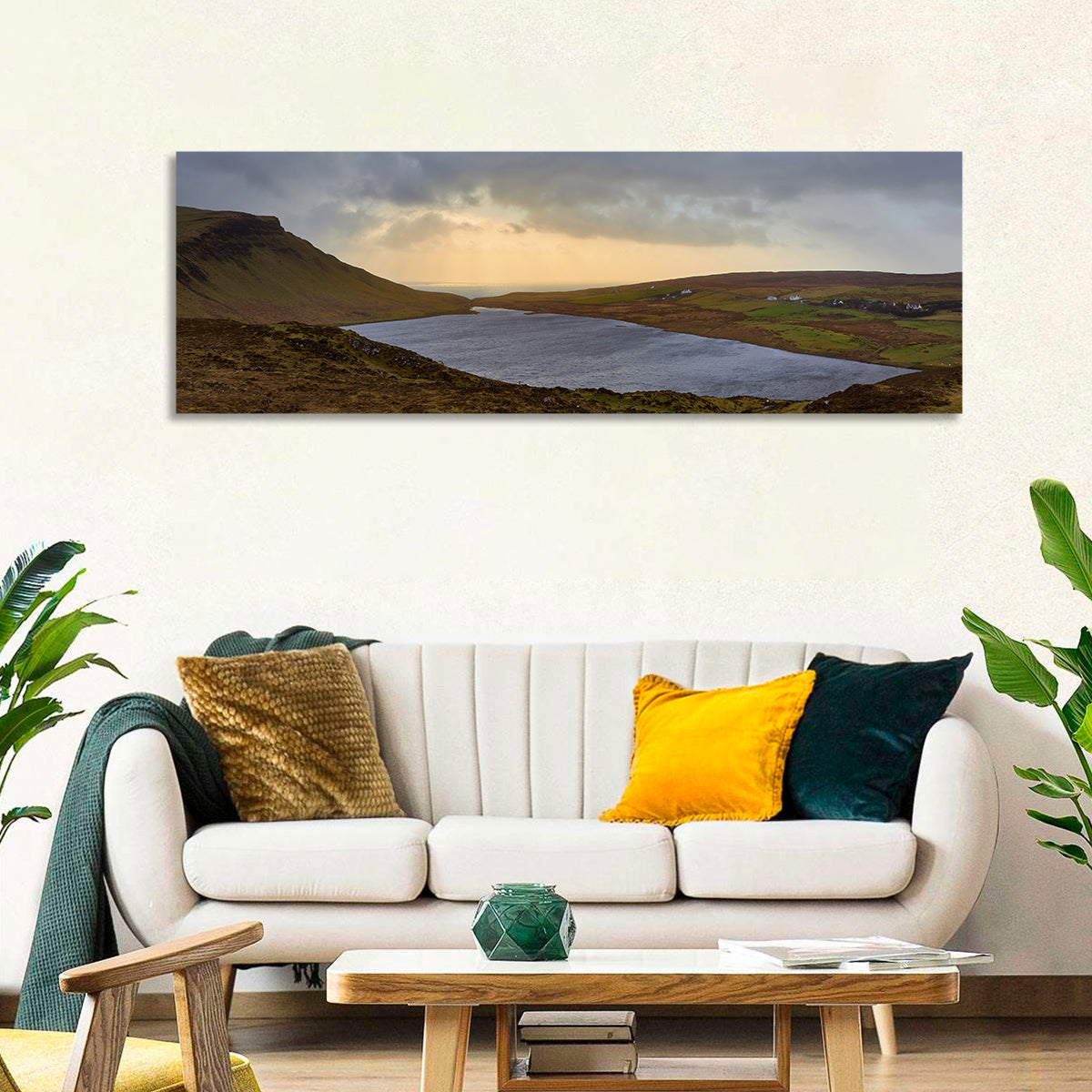 Isle of Skye Lake at Golden Hour Wall Art in a room, panoramic