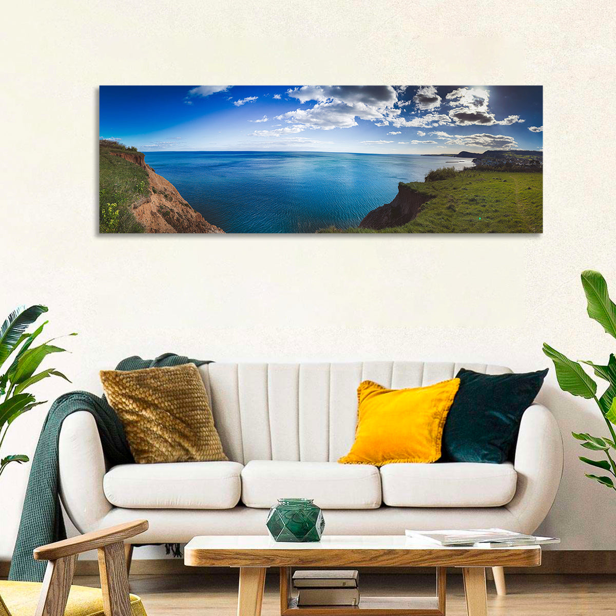 Sidmouth Cliffs and Sea View Wall Art in a room, panoramic
