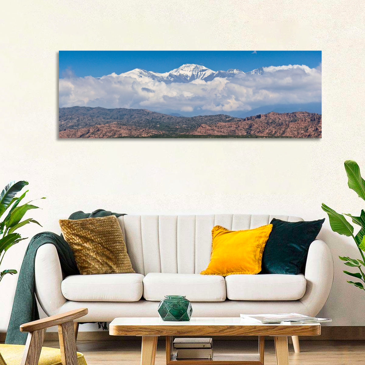El Plata Snowcapped Peaks Above Cloud Deck Wall Art in a room, panoramic