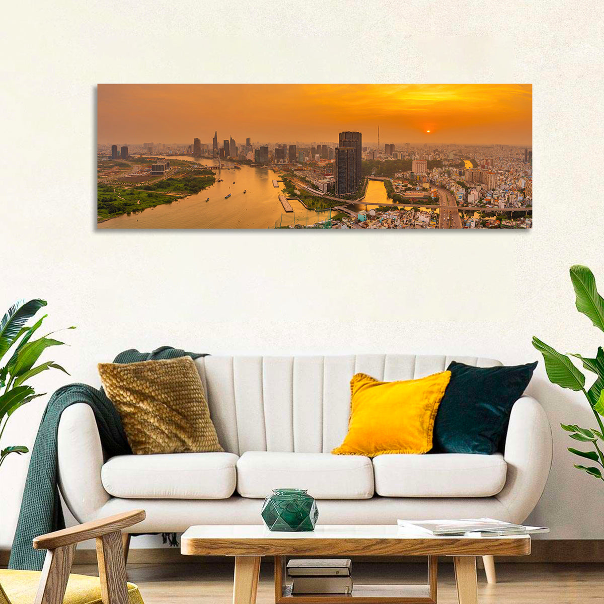 Landmark 81 Golden Hour Skyline Wall Art in a room, panoramic