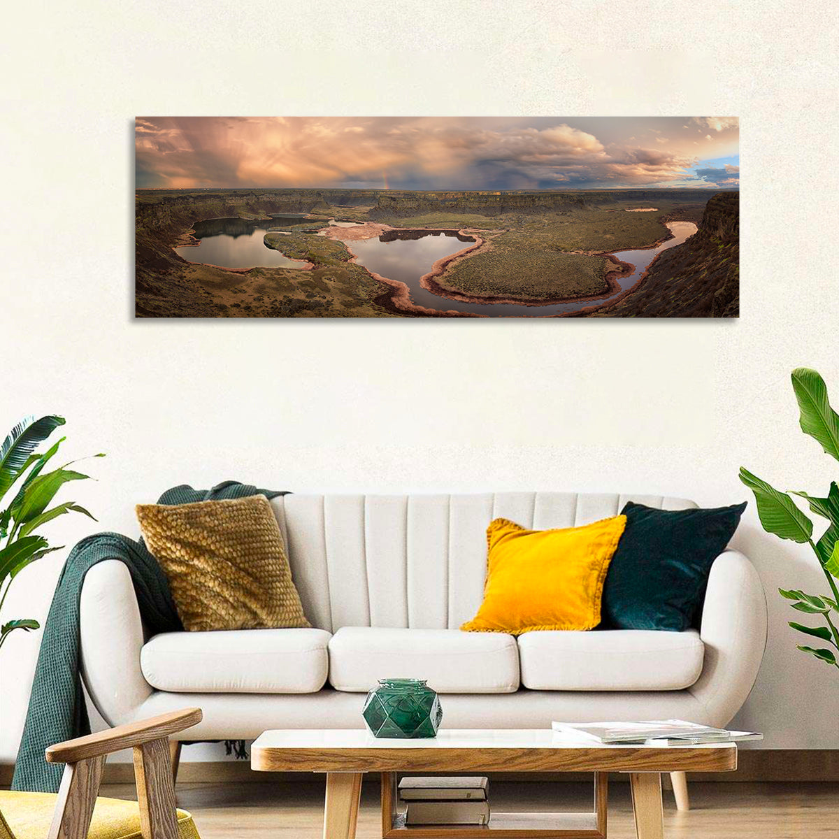Soap Lake Storm Rainbow Wall Art in a room, panoramic
