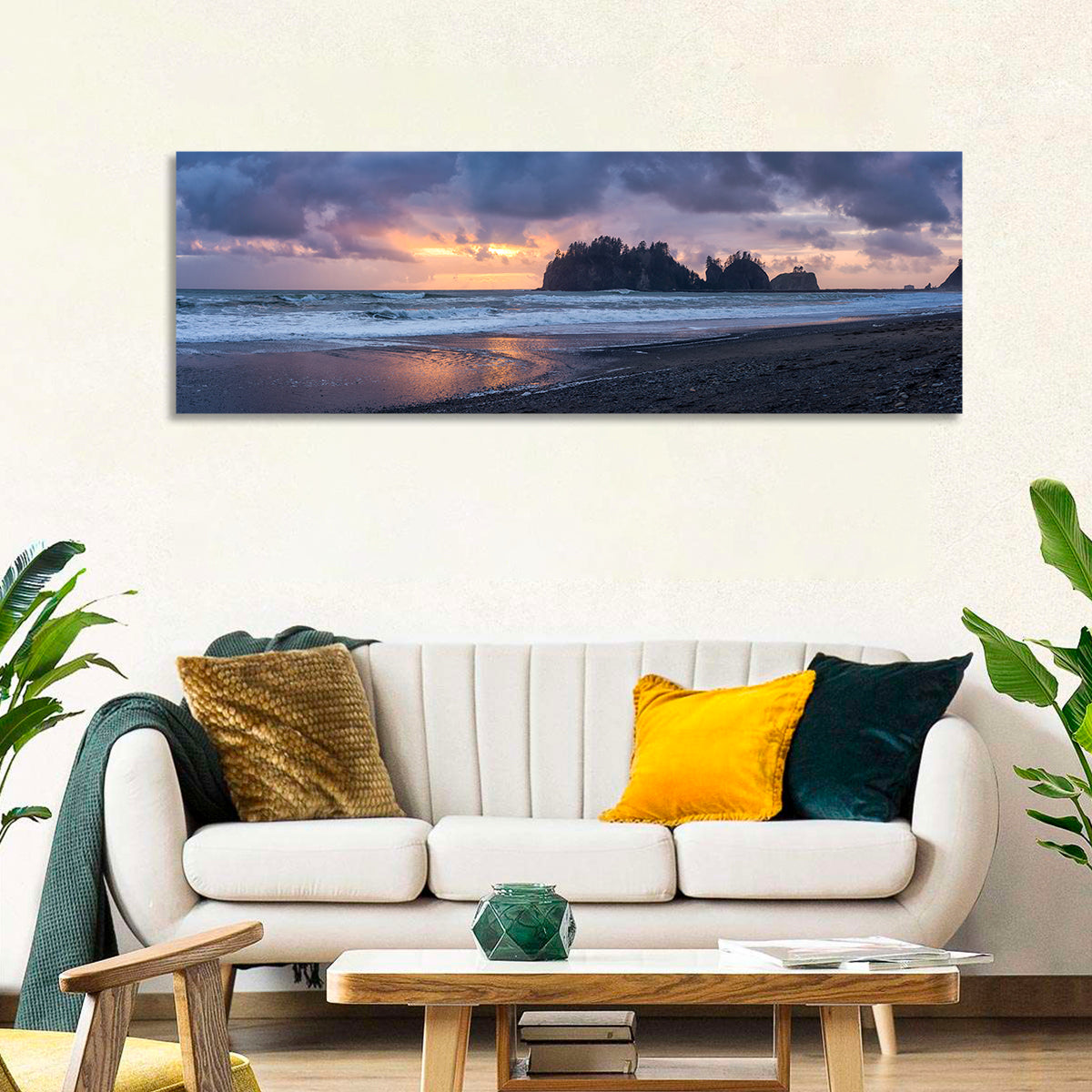 Rialto Beach Sea Stacks at Sunset Wall Art in a room, panoramic