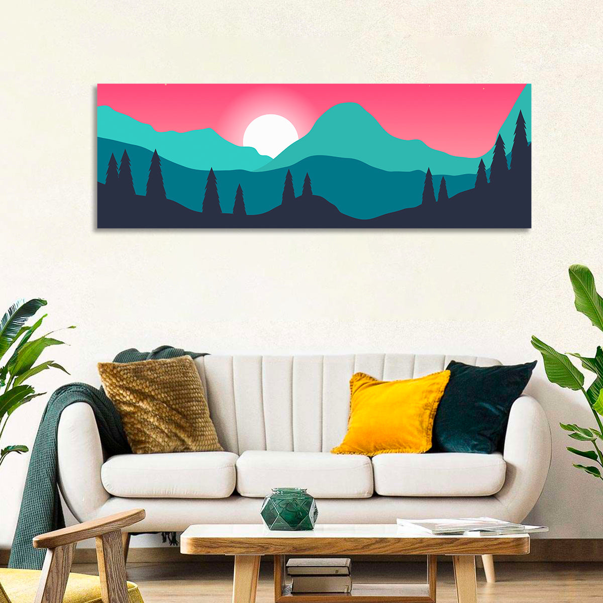 Turquoise and Pink Mountain Sunset Wall Art in a room, panoramic