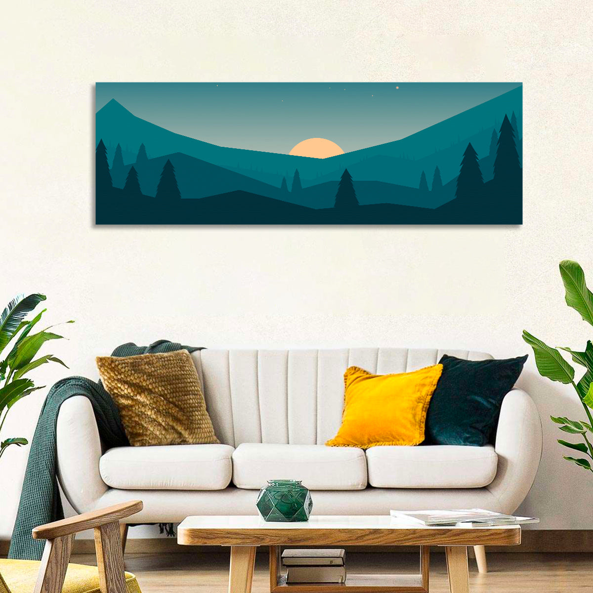 Black Forest Sunset Illustration Wall Art in a room, panoramic
