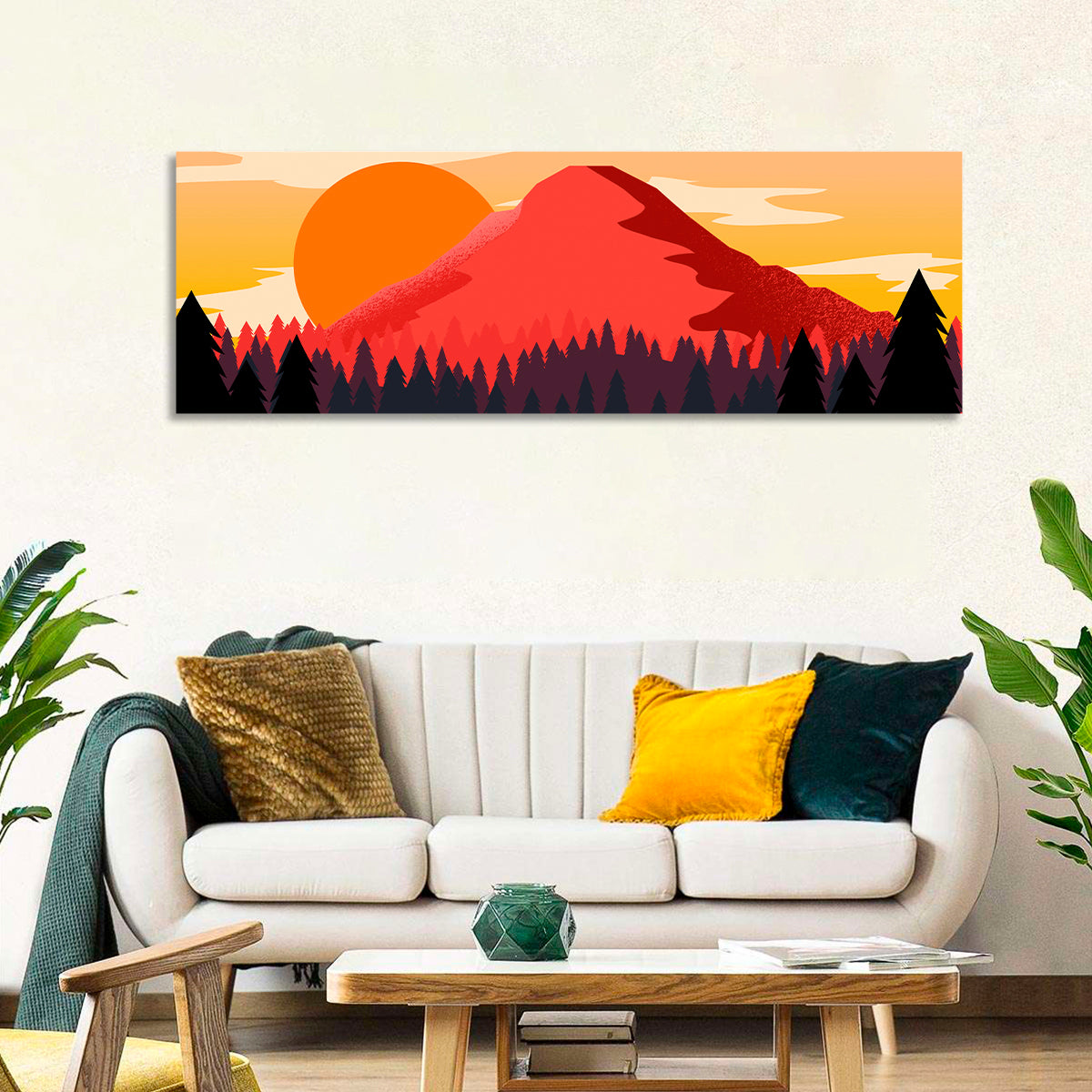 Stippled Red Mountain Sunset Wall Art in a room, panoramic