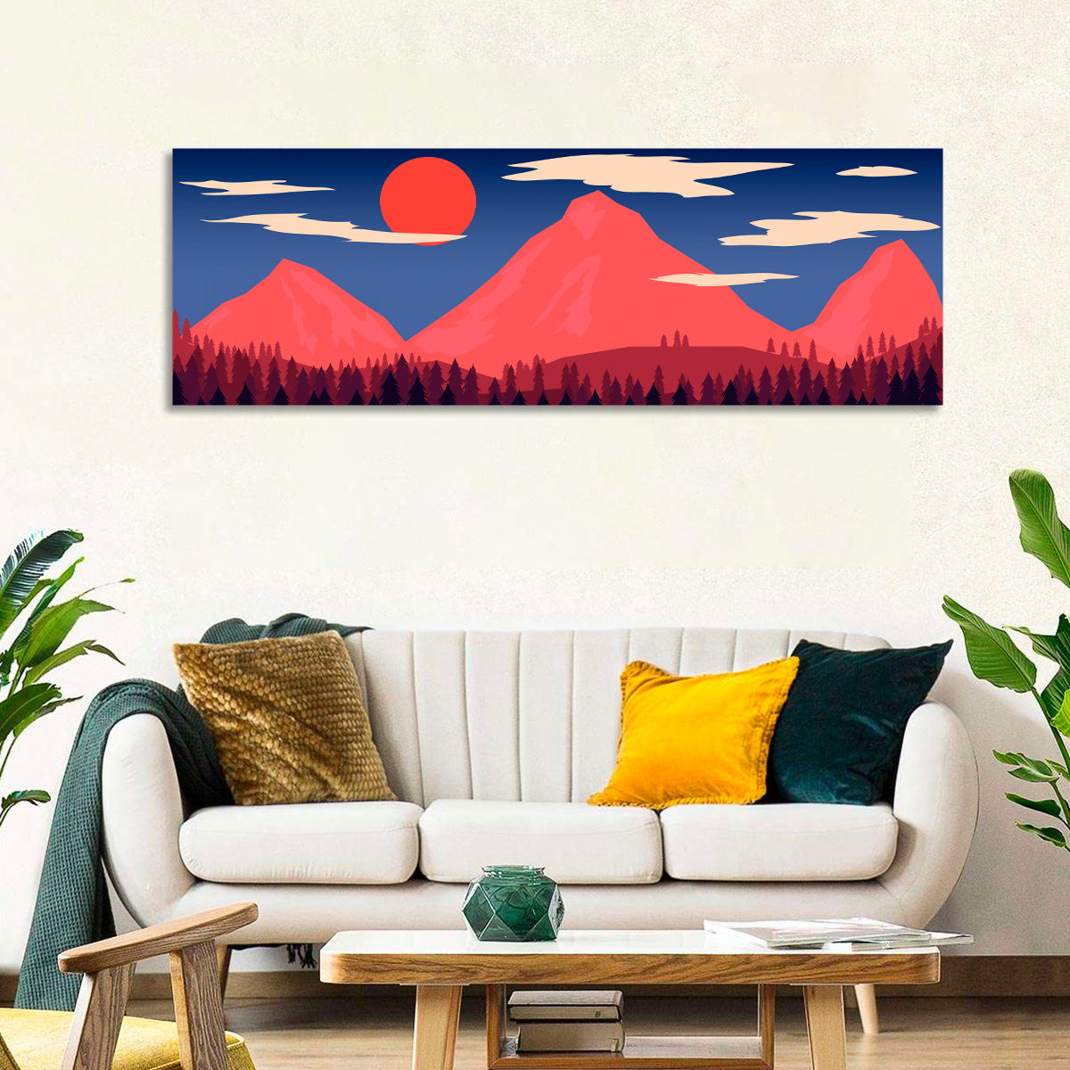 Crimson Sun Over Blue Mountains Wall Art in a room, panoramic