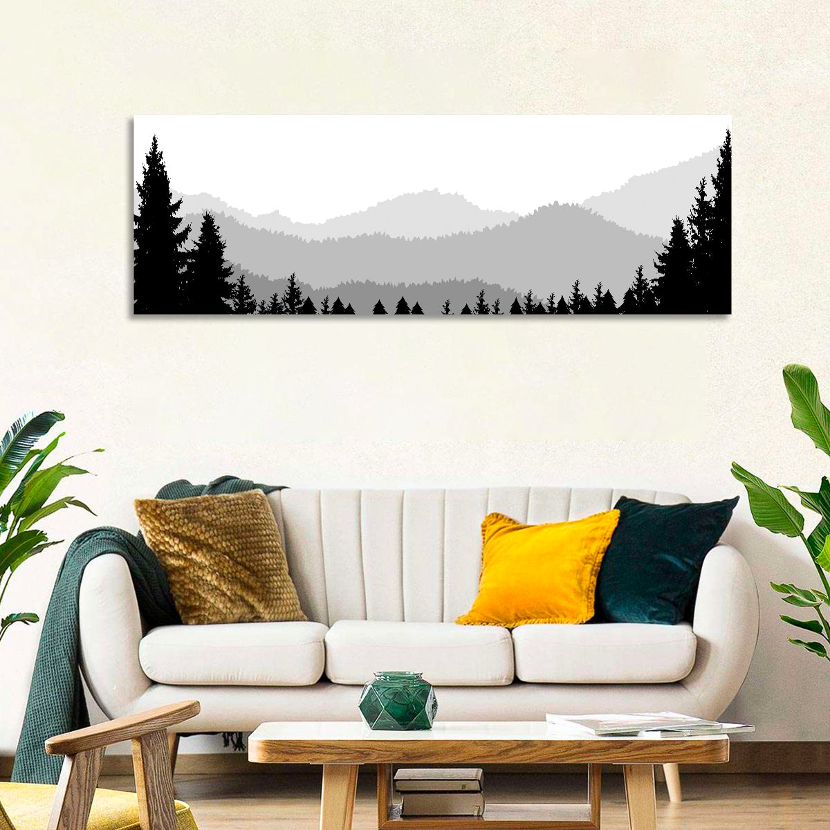Foggy Mountain Silhouettes Wall Art in a room, panoramic