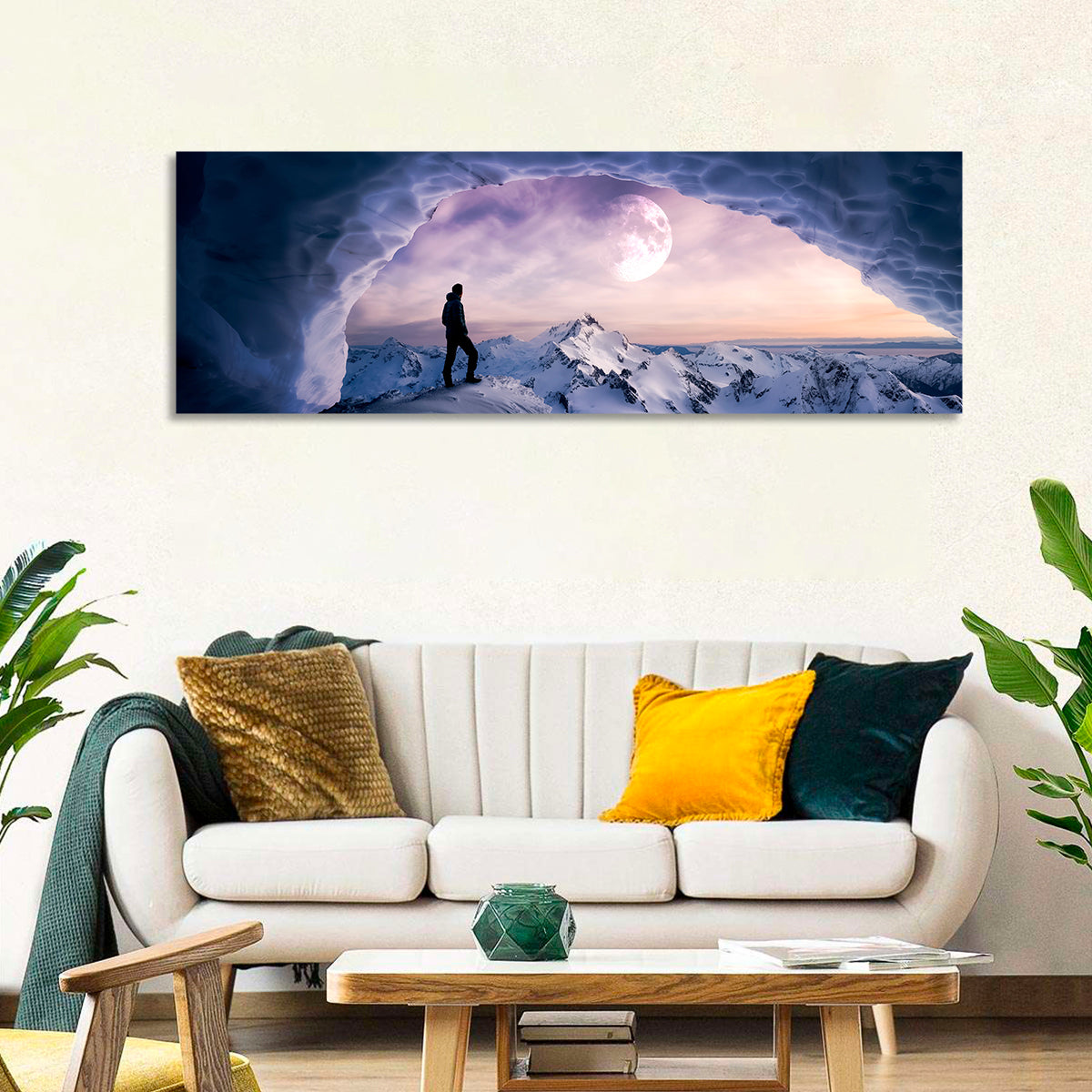 Moonlit Ice Cave Hiker Wall Art in a room, panoramic