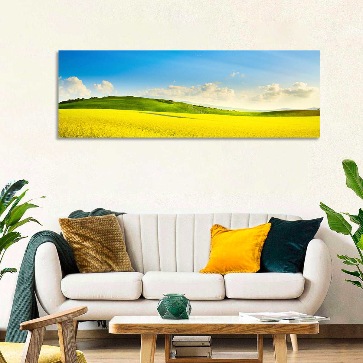 Rapeseed Field and Rolling Hills Under Blue Sky Wall Art