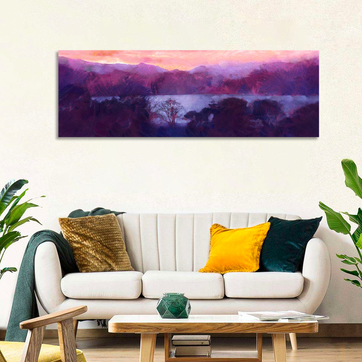 Forest Lake at Dusk Wall Art in a room, panoramic